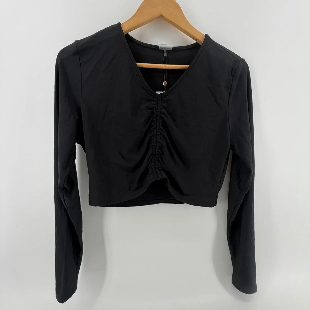 CALIA Womens L Ruched Long Sleeve Rash Guard Pure‎ Black UPF 50+ WSA34801B NWT